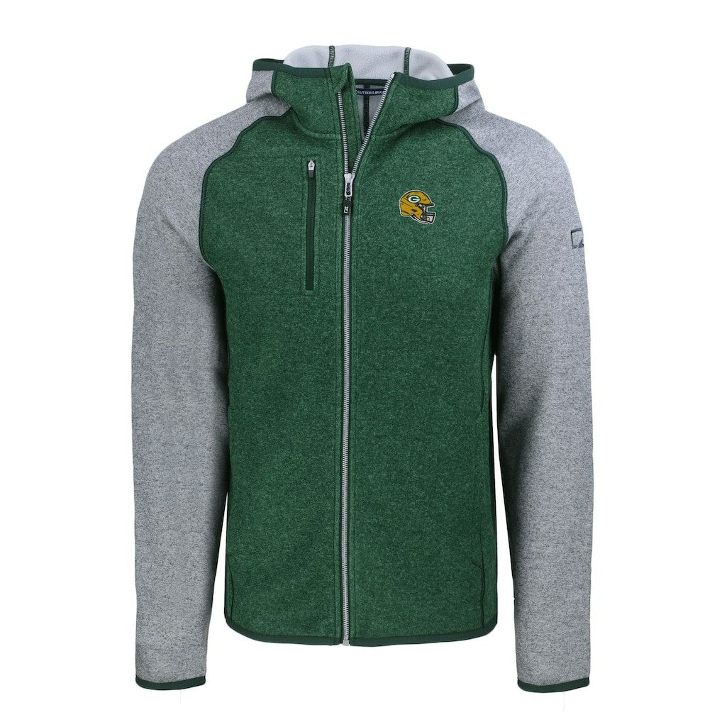 Green Bay Packers Cutter & Buck Helmet Mainsail Sweater-Knit Full-Zip Hoodie Heather Green/Heather Gray