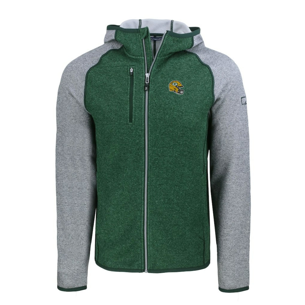 Green Bay Packers Cutter & Buck Helmet Mainsail Sweater-Knit Full-Zip Hoodie Heather Green/Heather Gray