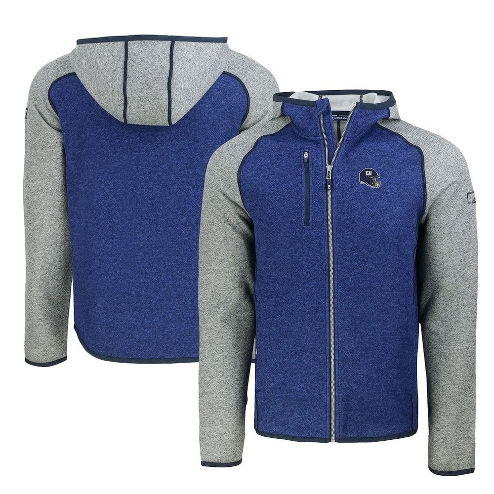 New York Giants Cutter & Buck Helmet Mainsail Sweater-Knit Full-Zip Hoodie Royal/Heather Gray