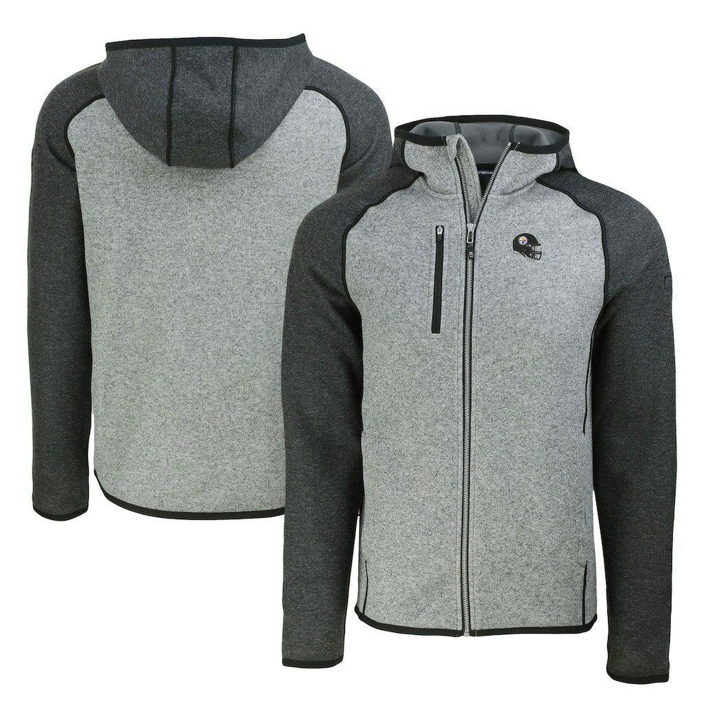 Pittsburgh Steelers Cutter & Buck Helmet Mainsail Sweater-Knit Full-Zip Hoodie Heather Gray/Heather Charcoal