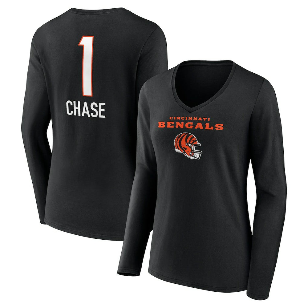 Ja'Marr Chase Cincinnati Bengals Women's Team Wordmark Player Name & Number Long Sleeve V-Neck T-Shirt Black