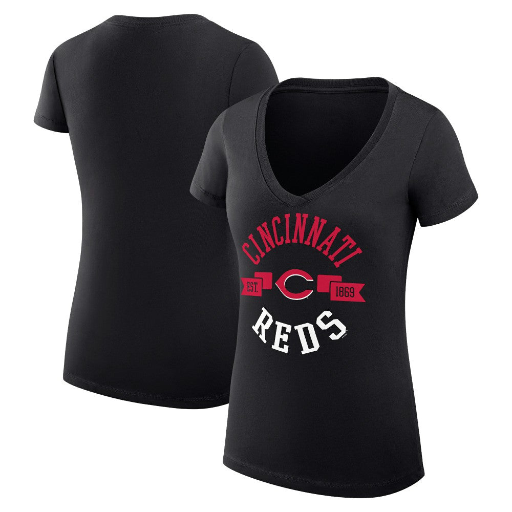 Cincinnati Reds G-III 4Her by Carl Banks Women's Super-Slim Fit Lightweight City Graphic V-Neck T-Shirt - Black - MLB Lifestyle