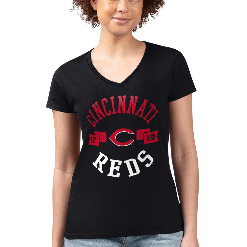 Cincinnati Reds G-III 4Her by Carl Banks Women's Super-Slim Fit Lightweight City Graphic V-Neck T-Shirt - Black - MLB Lifestyle