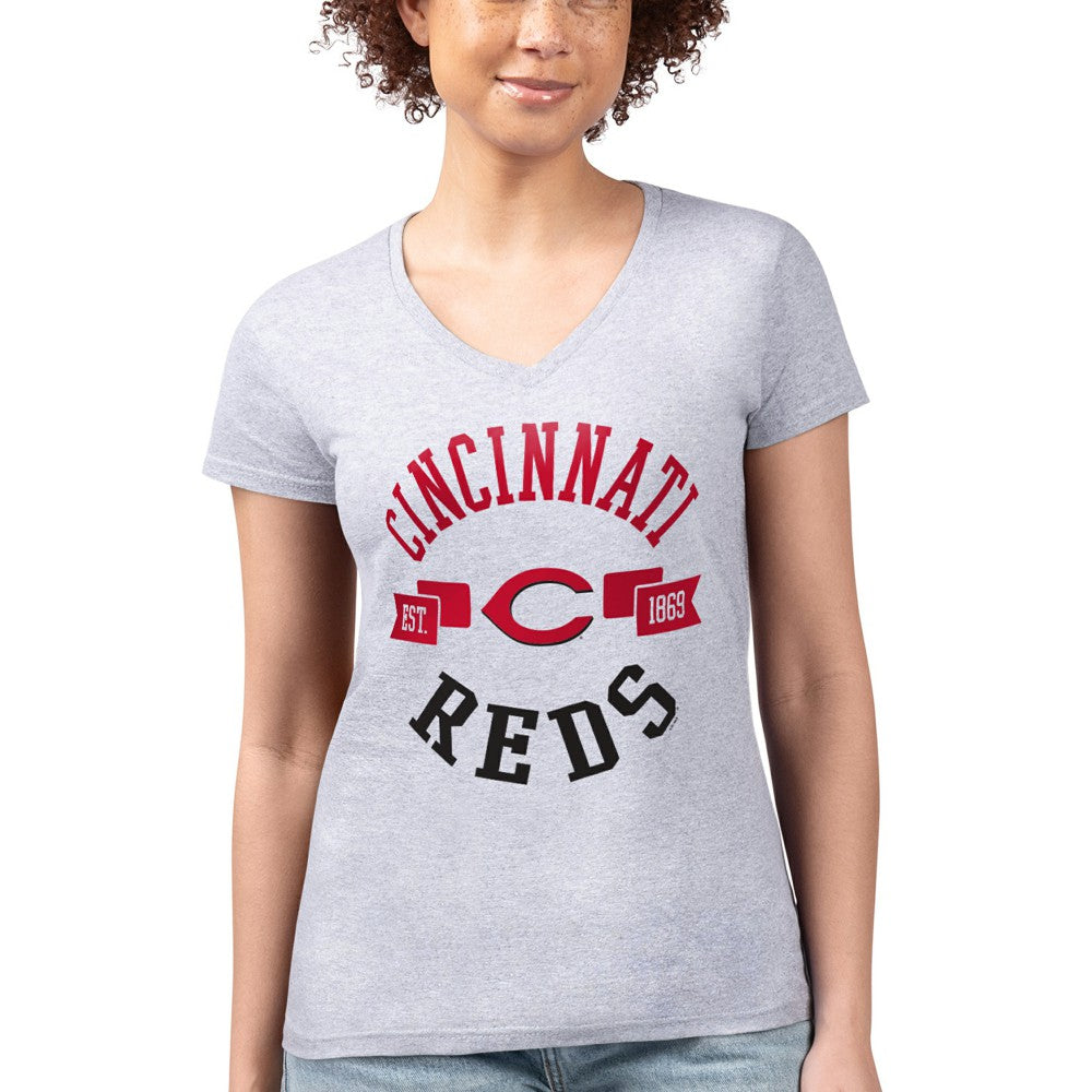 Cincinnati Reds G-III 4Her by Carl Banks Women's Super-Slim Fit Lightweight City Graphic V-Neck T-Shirt - Heather Gray - MLB Discount