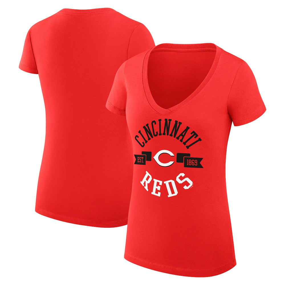 Cincinnati Reds G-III 4Her by Carl Banks Women's Super-Slim Fit Lightweight City Graphic V-Neck T-Shirt - Red - MLB Sale