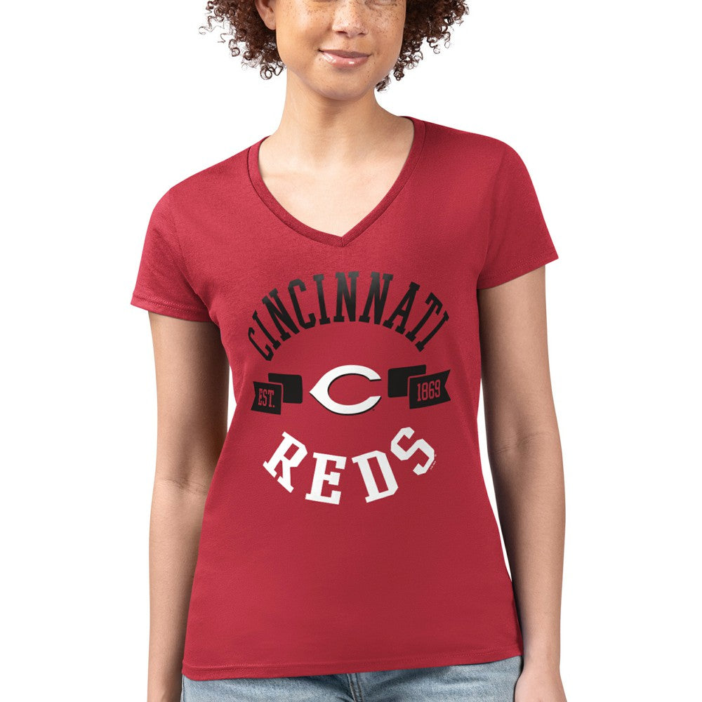 Cincinnati Reds G-III 4Her by Carl Banks Women's Super-Slim Fit Lightweight City Graphic V-Neck T-Shirt - Red - MLB Sale