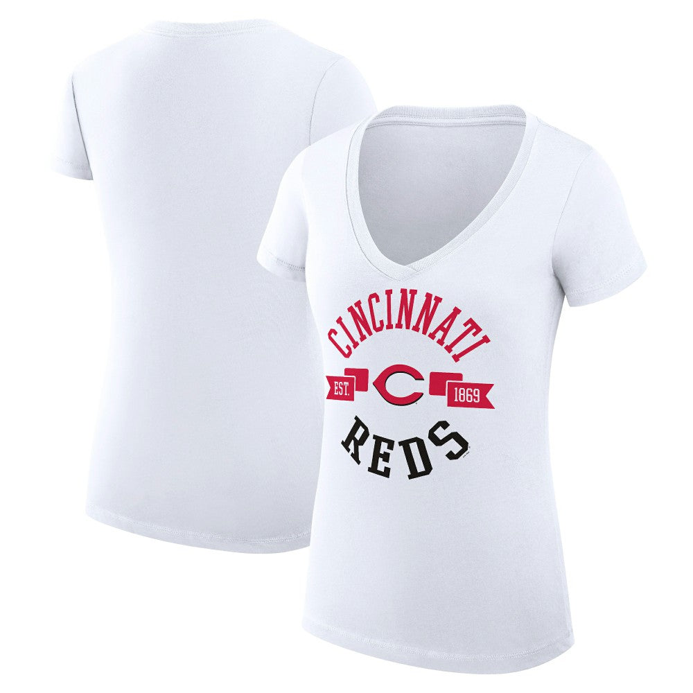 Cincinnati Reds G-III 4Her by Carl Banks Women's Super-Slim Fit Lightweight City Graphic V-Neck T-Shirt - White - MLB Discount
