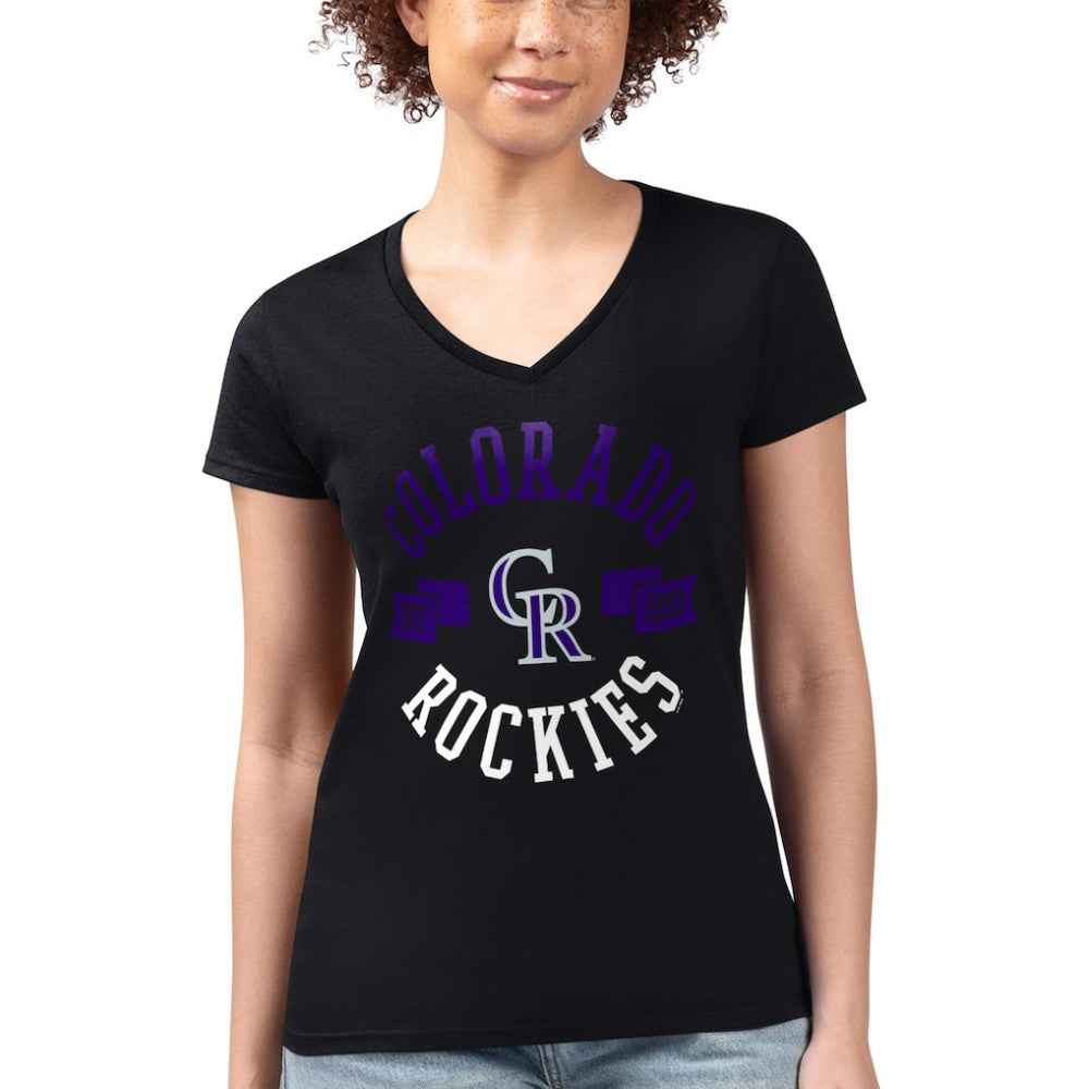 Colorado Rockies G-III 4Her by Carl Banks Women's Super-Slim Fit Lightweight City Graphic V-Neck T-Shirt - Black - MLB Discount