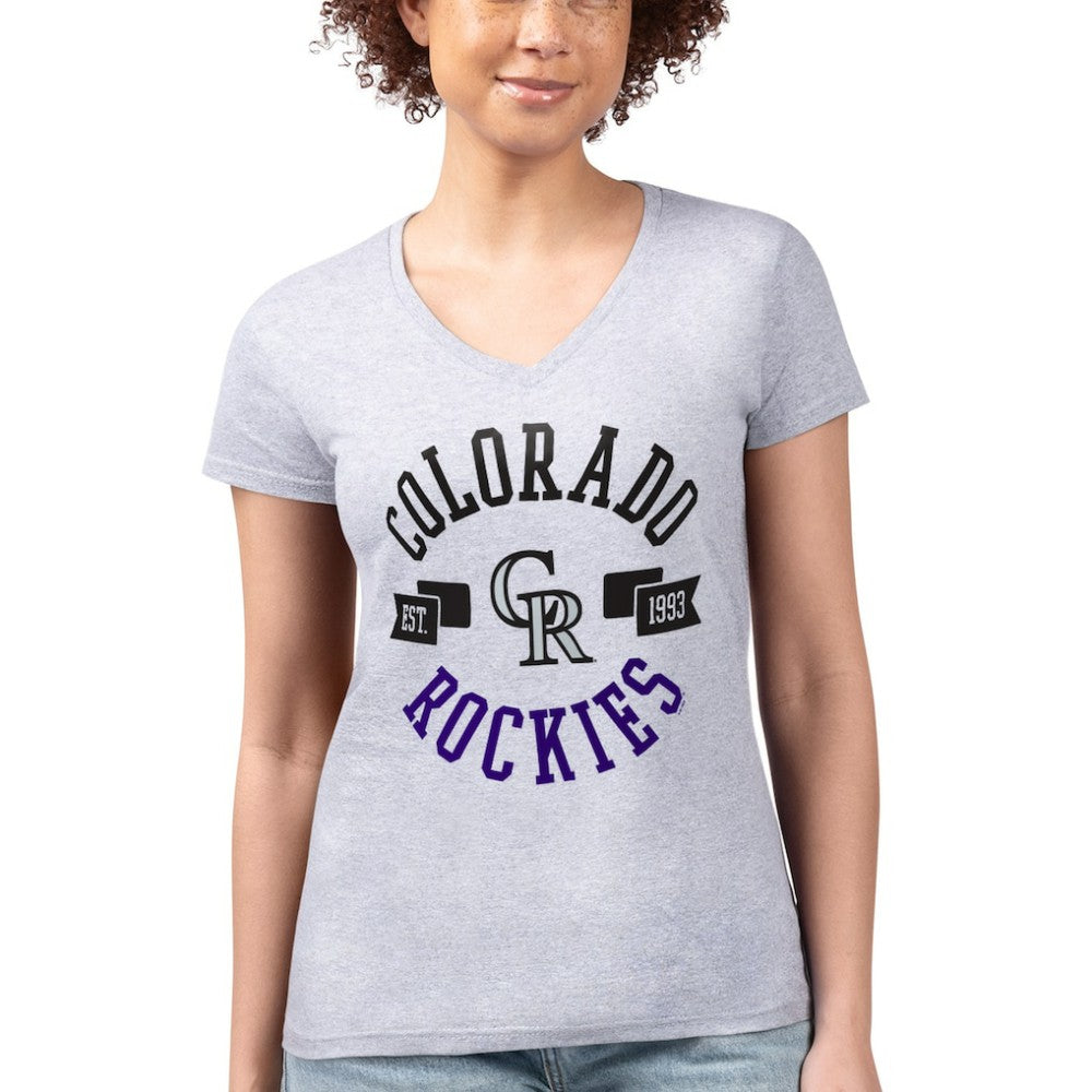 Colorado Rockies G-III 4Her by Carl Banks Women's Super-Slim Fit Lightweight City Graphic V-Neck T-Shirt - Heather Gray - MLB on Sale