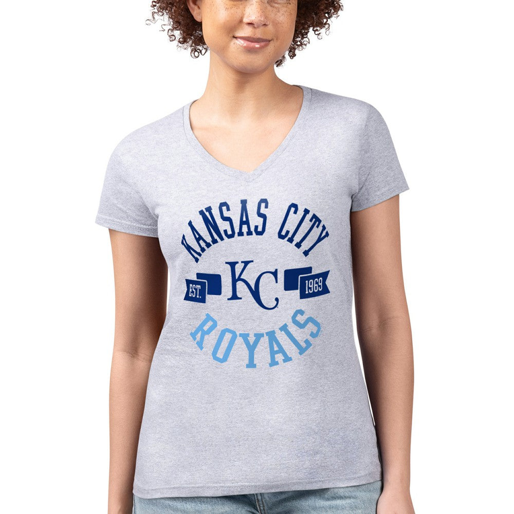 Kansas City Royals G-III 4Her by Carl Banks Women's Super-Slim Fit Lightweight City Graphic V-Neck T-Shirt - Heather Gray - MLB Lifestyle