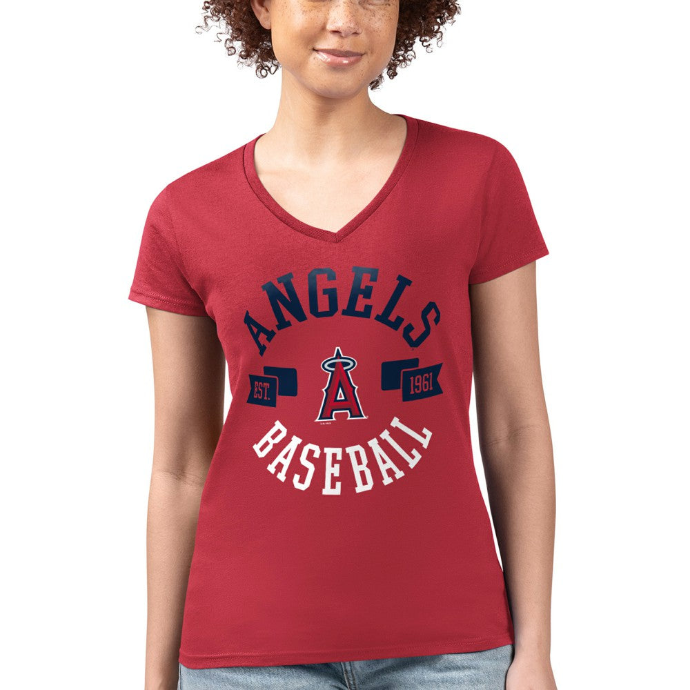 Los Angeles Angels G-III 4Her by Carl Banks Women's Super-Slim Fit Lightweight City Graphic V-Neck T-Shirt - Red - MLB Sale