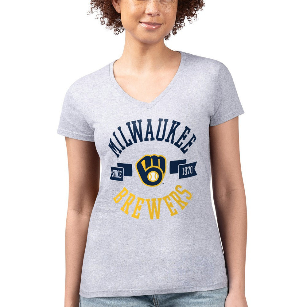Milwaukee Brewers G-III 4Her by Carl Banks Women's Super-Slim Fit Lightweight City Graphic V-Neck T-Shirt - Heather Gray - MLB Online
