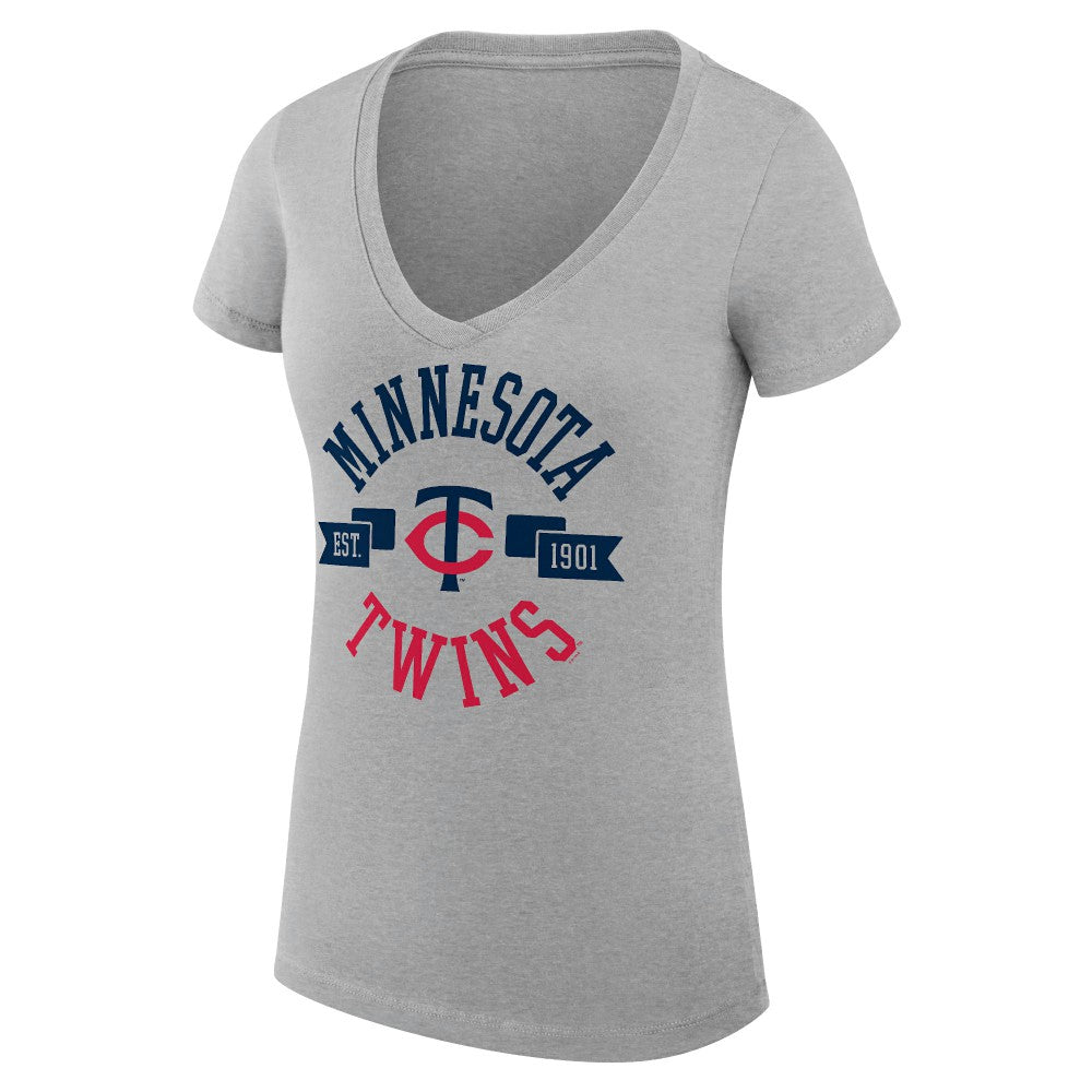Minnesota Twins G-III 4Her by Carl Banks Women's Super-Slim Fit Lightweight City Graphic V-Neck T-Shirt - Heather Gray - MLB Lifestyle