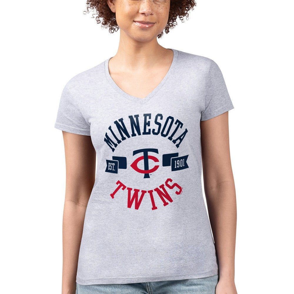 Minnesota Twins G-III 4Her by Carl Banks Women's Super-Slim Fit Lightweight City Graphic V-Neck T-Shirt - Heather Gray - MLB Lifestyle