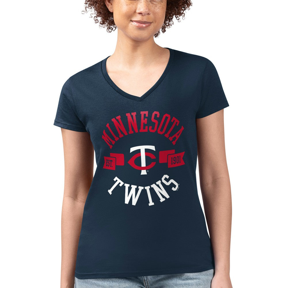 Minnesota Twins G-III 4Her by Carl Banks Women's Super-Slim Fit Lightweight City Graphic V-Neck T-Shirt - Navy - MLB on Sale