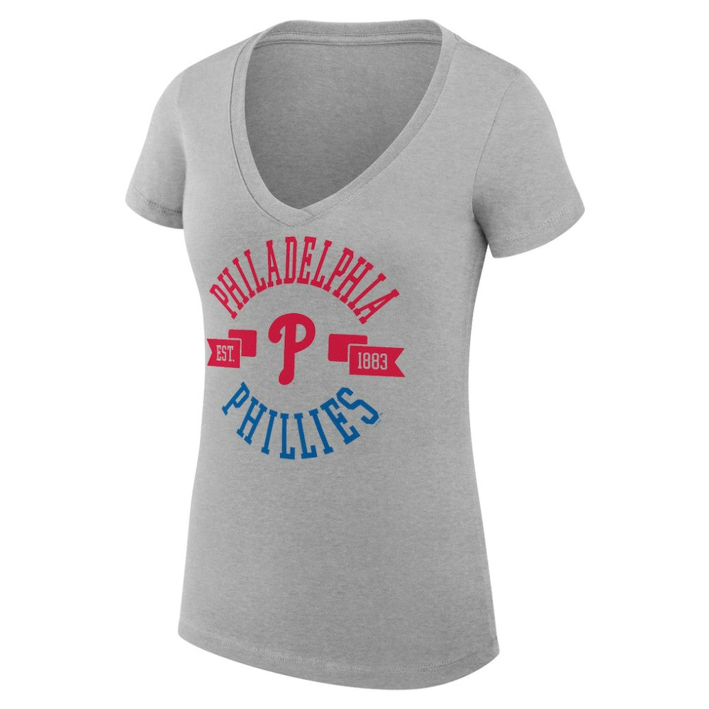 Philadelphia Phillies G-III 4Her by Carl Banks Women's Super-Slim Fit Lightweight City Graphic V-Neck T-Shirt - Heather Gray - MLB Lifestyle