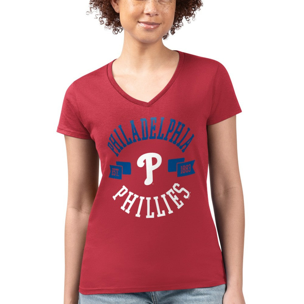 Philadelphia Phillies G-III 4Her by Carl Banks Women's Super-Slim Fit Lightweight City Graphic V-Neck T-Shirt - Red - MLB on Sale