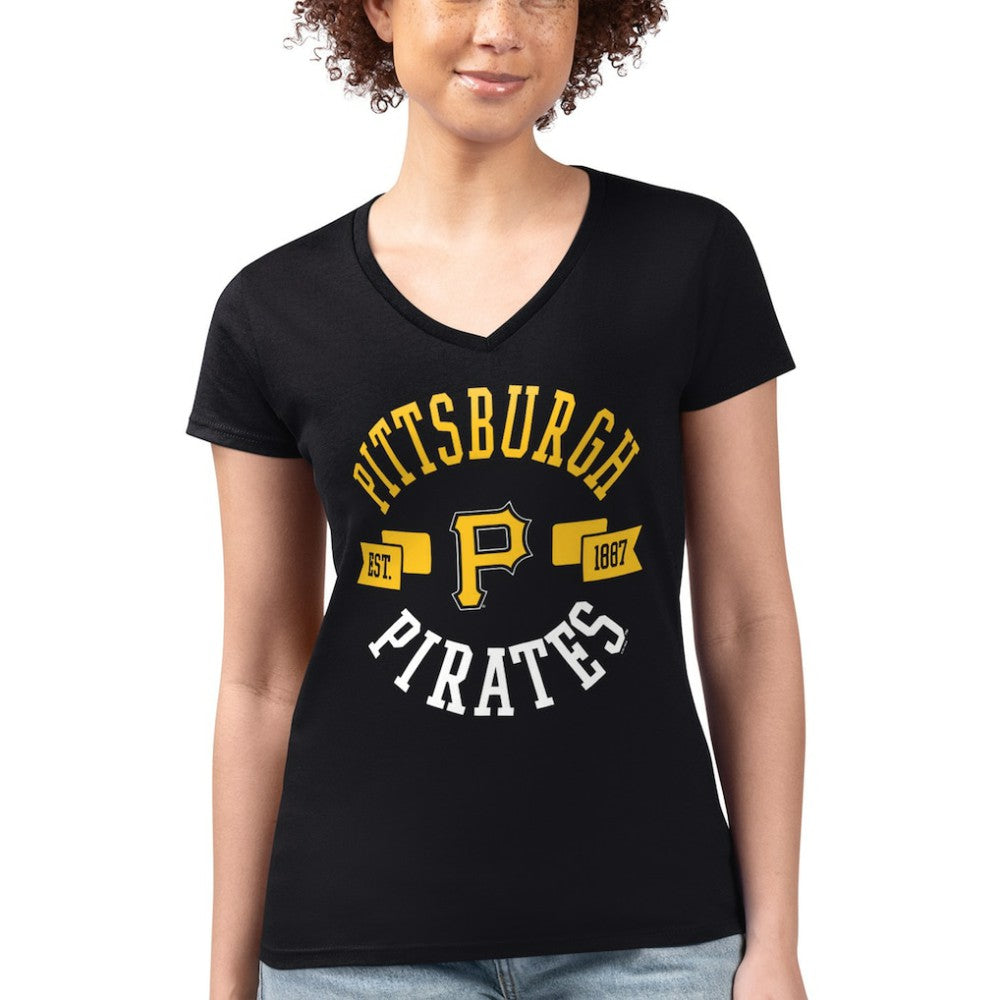Pittsburgh Pirates G-III 4Her by Carl Banks Women's Super-Slim Fit Lightweight City Graphic V-Neck T-Shirt - Black - MLB Sale