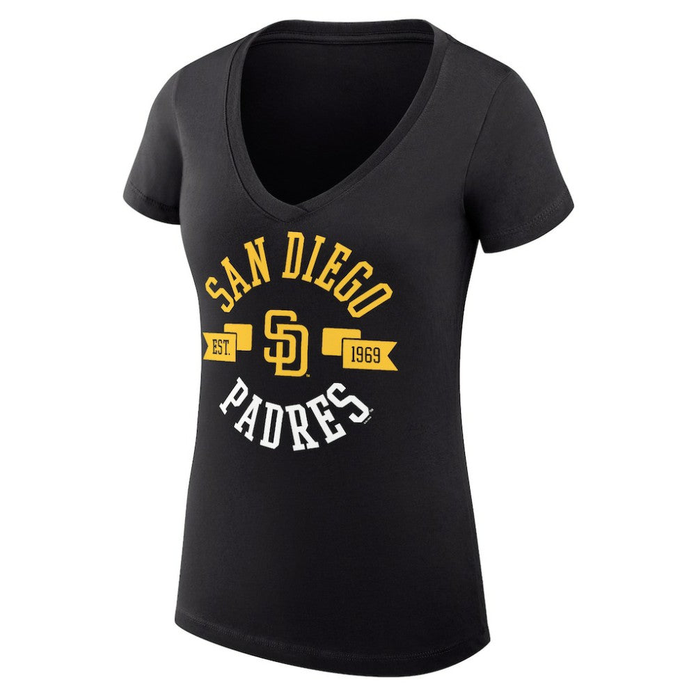 San Diego Padres G-III 4Her by Carl Banks Women's Super-Slim Fit Lightweight City Graphic V-Neck T-Shirt - Black - MLB Sale