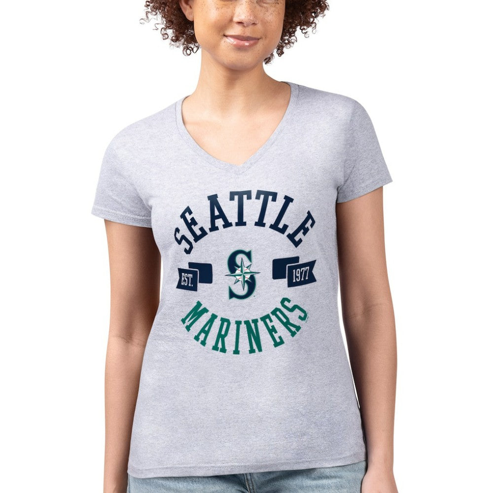 Seattle Mariners G-III 4Her by Carl Banks Women's Super-Slim Fit Lightweight City Graphic V-Neck T-Shirt - Heather Gray - MLB Lifestyle