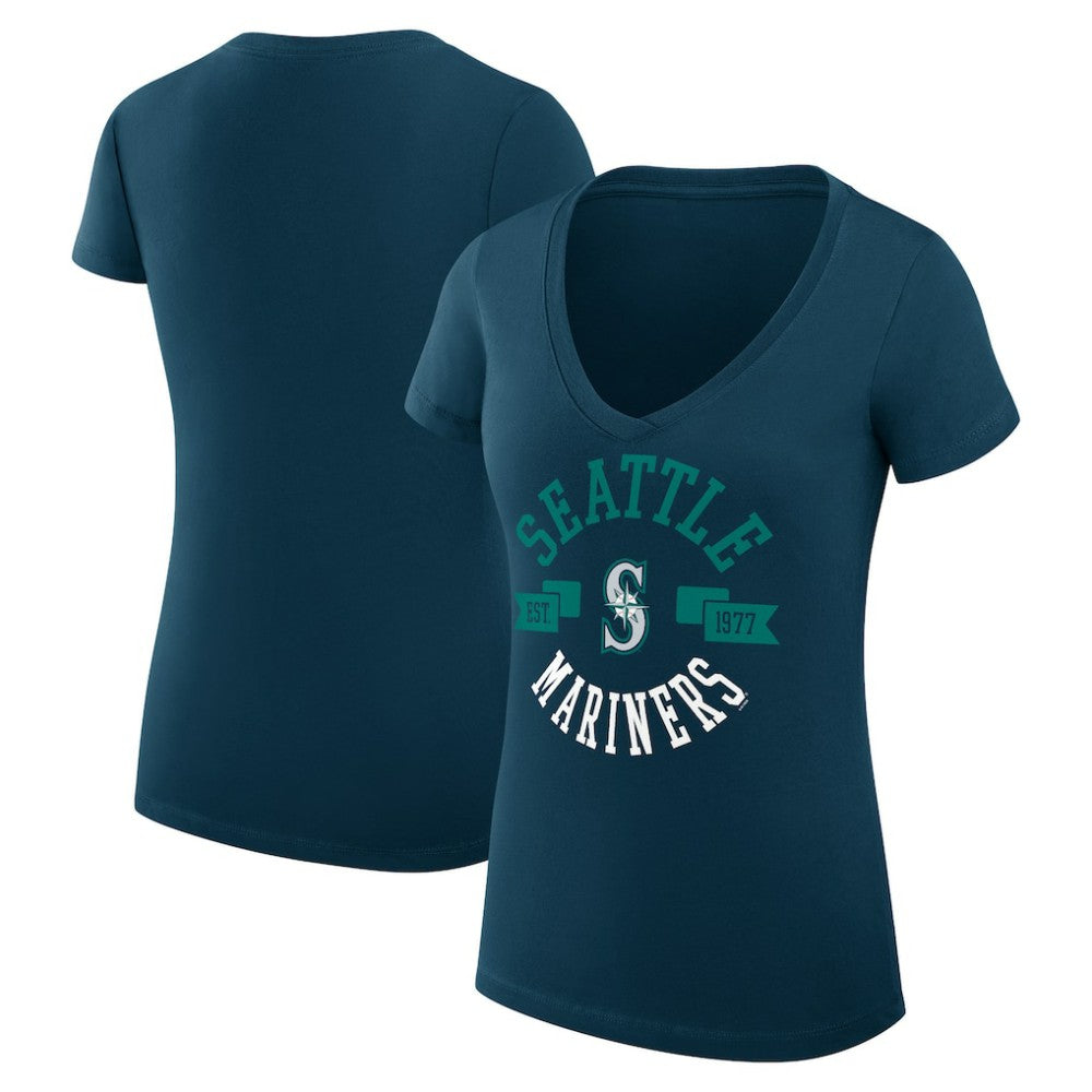Seattle Mariners G-III 4Her by Carl Banks Women's Super-Slim Fit Lightweight City Graphic V-Neck T-Shirt - Navy - MLB Lifestyle