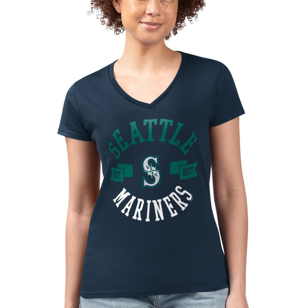 Seattle Mariners G-III 4Her by Carl Banks Women's Super-Slim Fit Lightweight City Graphic V-Neck T-Shirt - Navy - MLB Lifestyle
