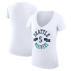 Seattle Mariners G-III 4Her by Carl Banks Women's Super-Slim Fit Lightweight City Graphic V-Neck T-Shirt - White - MLB on Sale