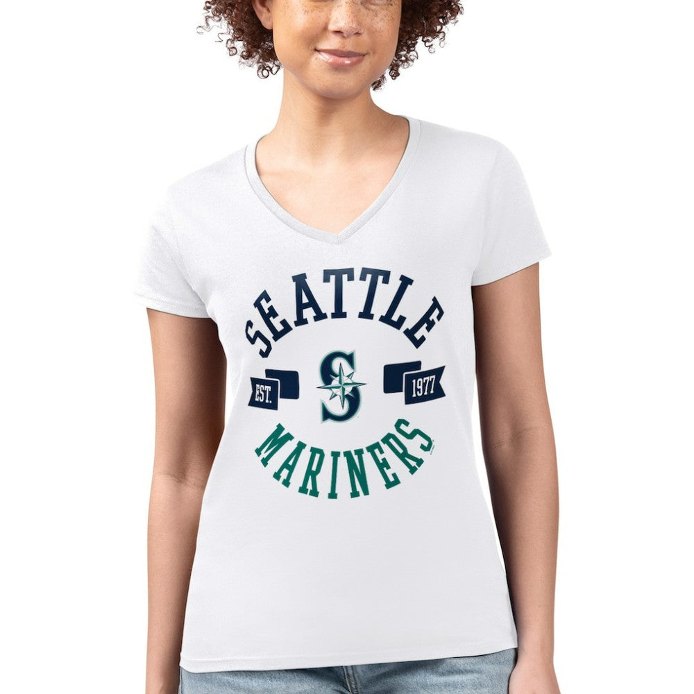 Seattle Mariners G-III 4Her by Carl Banks Women's Super-Slim Fit Lightweight City Graphic V-Neck T-Shirt - White - MLB on Sale