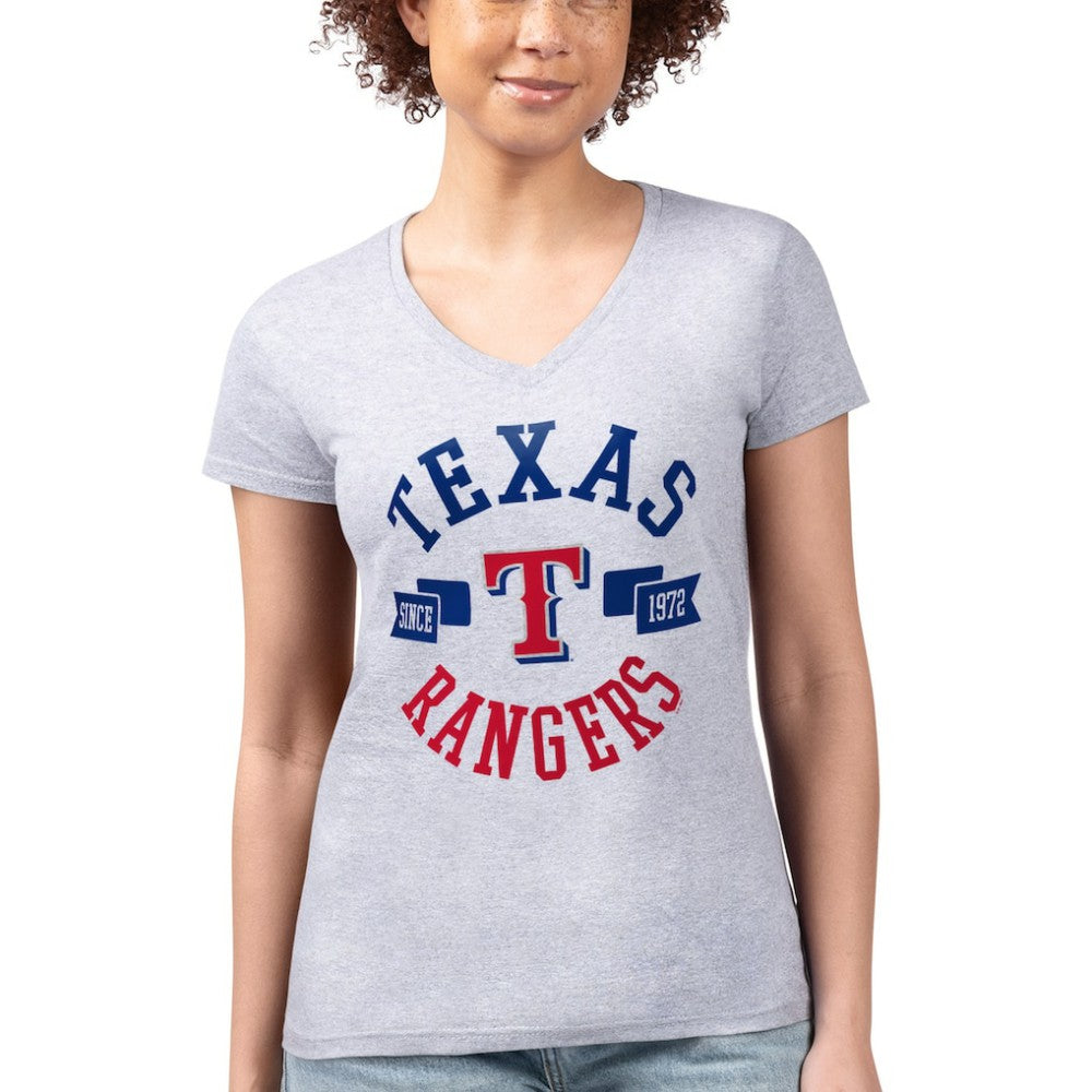 Texas Rangers G-III 4Her by Carl Banks Women's Super-Slim Fit Lightweight City Graphic V-Neck T-Shirt - Heather Gray - MLB Lifestyle
