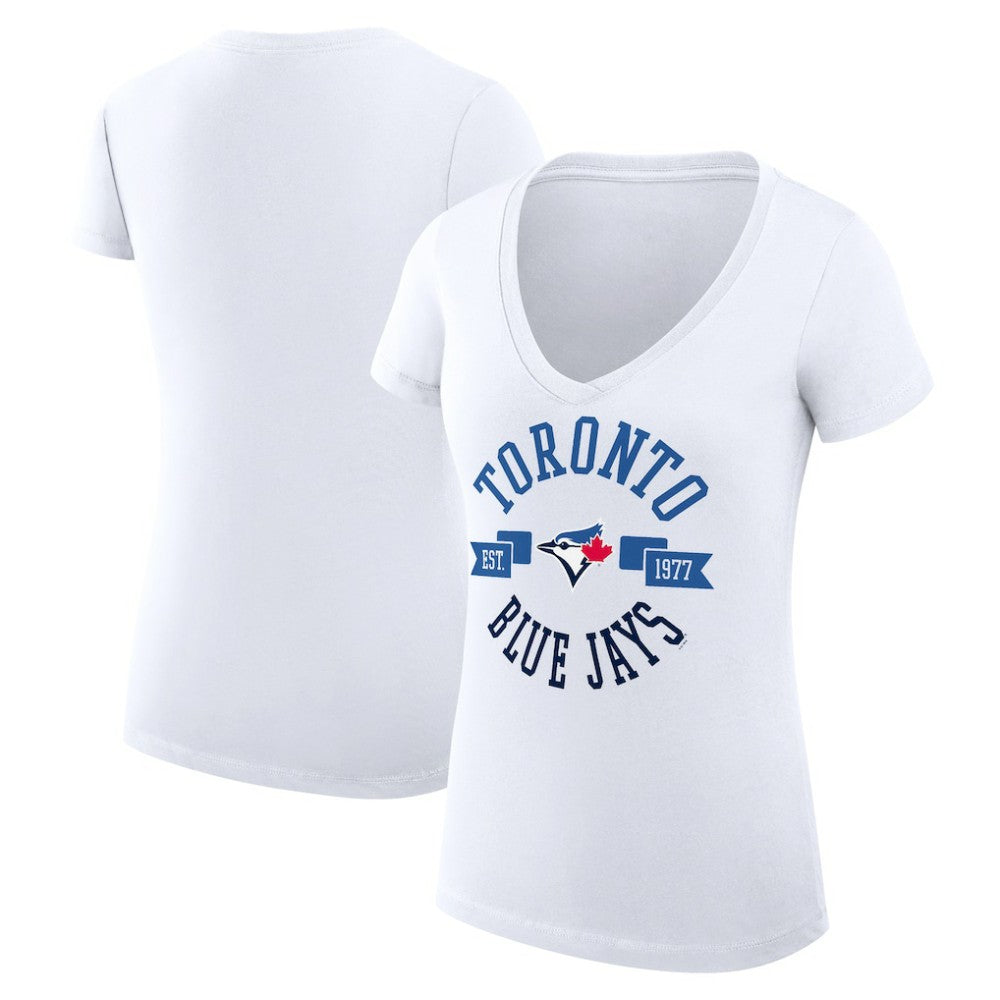 Toronto Blue Jays G-III 4Her by Carl Banks Women's Super-Slim Fit Lightweight City Graphic V-Neck T-Shirt - White - MLB Discount