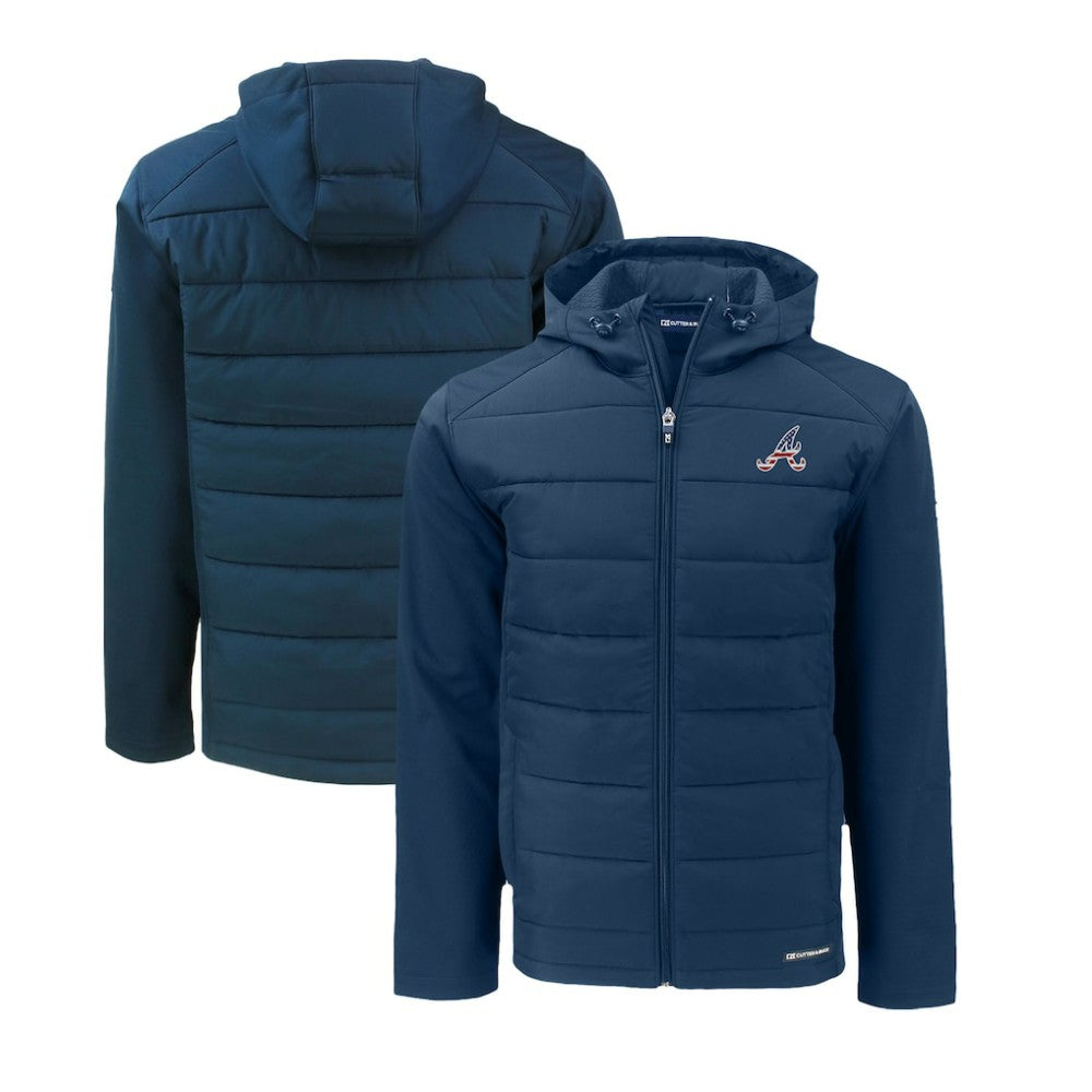 Atlanta Braves Cutter & Buck Stars & Stripes Evoke Hybrid Eco Softshell Recycled Full-Zip Hoodie Jacket - Navy - MLB Lifestyle
