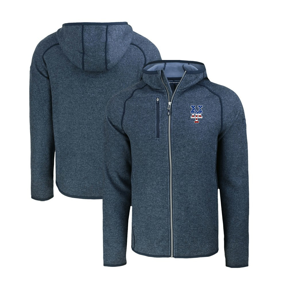 New York Mets Cutter & Buck Stars & Stripes Mainsail Sweater-Knit Full-Zip Hoodie - Heather Navy - MLB Lifestyle