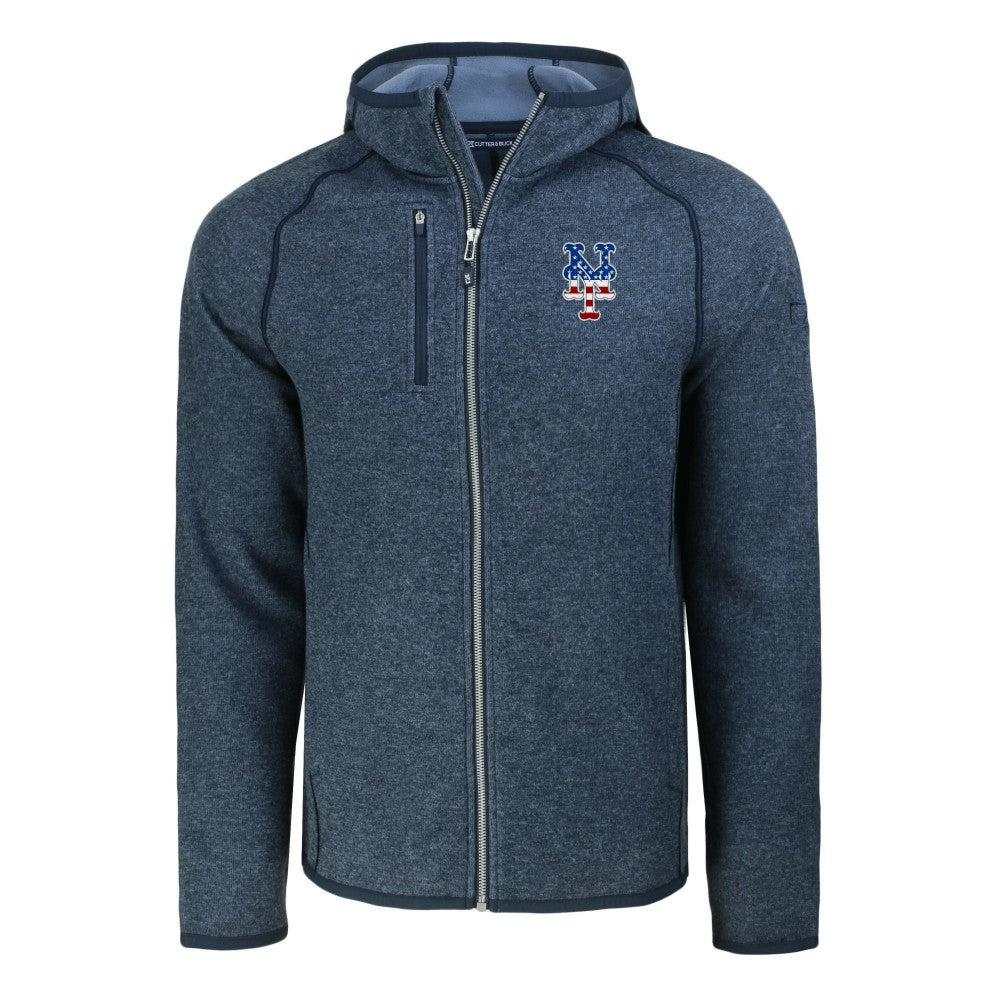 New York Mets Cutter & Buck Stars & Stripes Mainsail Sweater-Knit Full-Zip Hoodie - Heather Navy - MLB Lifestyle