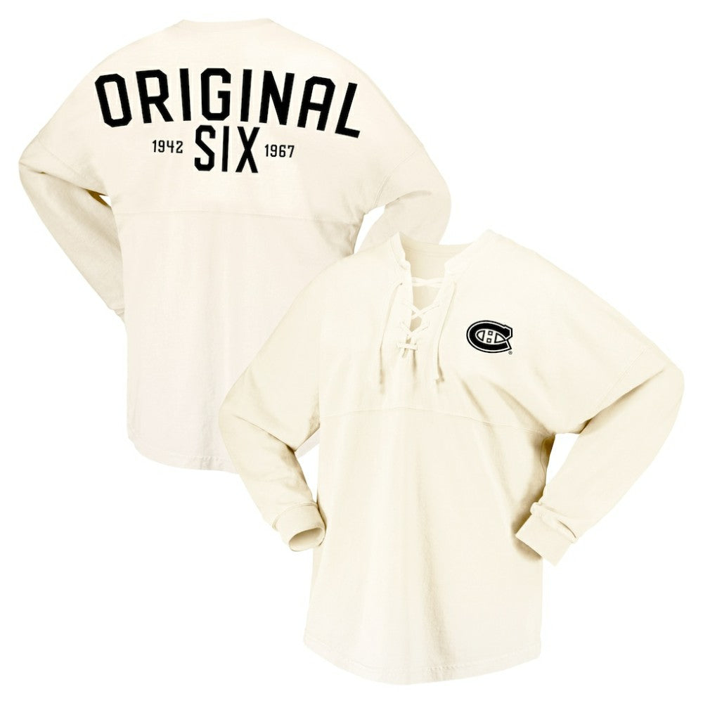 Montreal Canadiens Fanatics Women's Original Six Lace-Up Spirit Jersey Long Sleeve T-Shirt - Cream - NHL 200668343