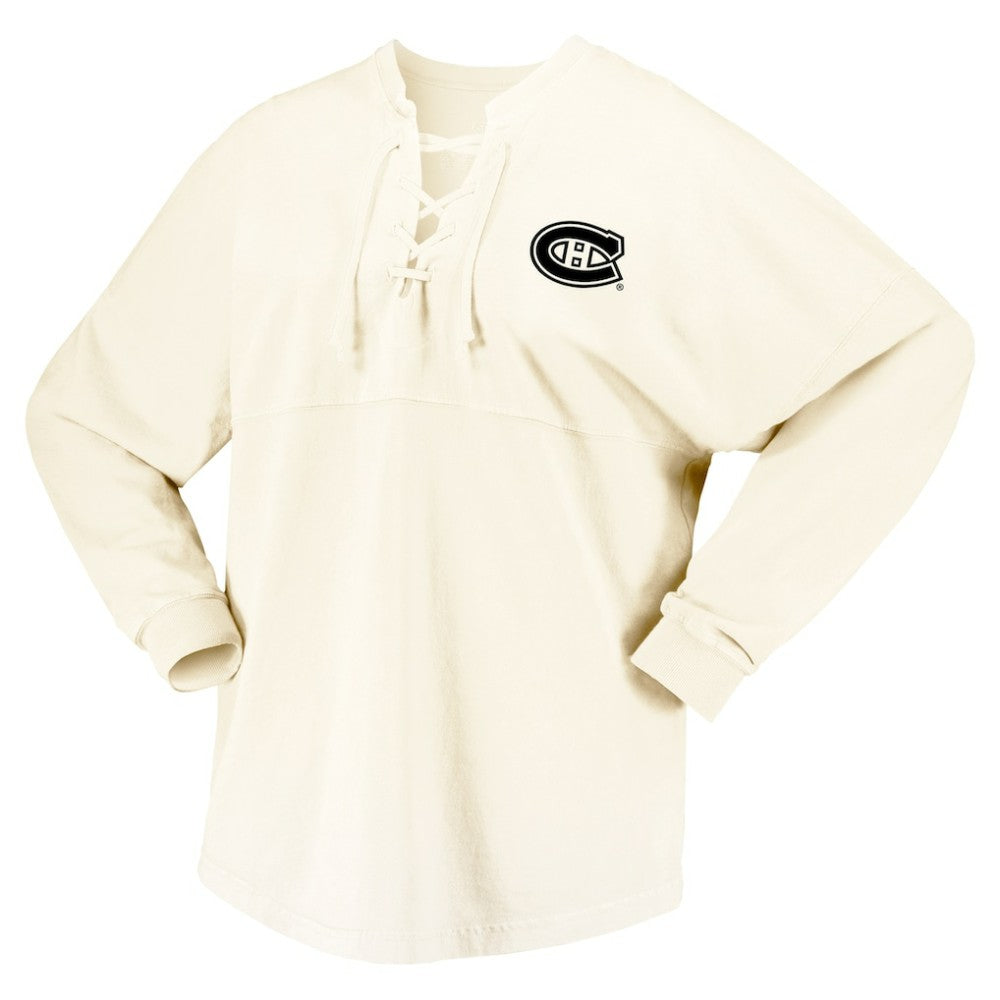 Montreal Canadiens Fanatics Women's Original Six Lace-Up Spirit Jersey Long Sleeve T-Shirt - Cream - NHL 200668343