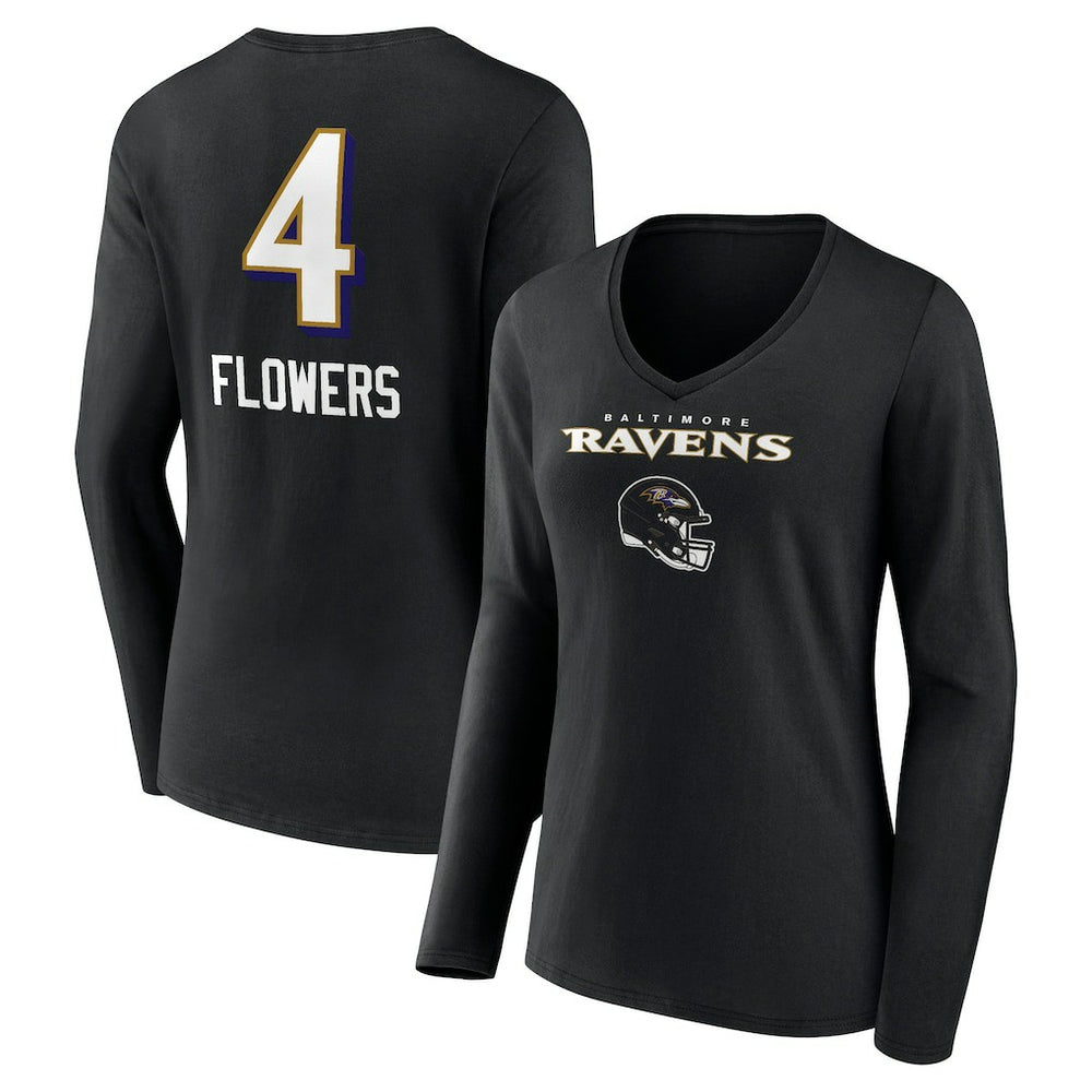 Zay Flowers Baltimore Ravens Women's Team Wordmark Player Name & Number Long Sleeve V-Neck T-Shirt Black