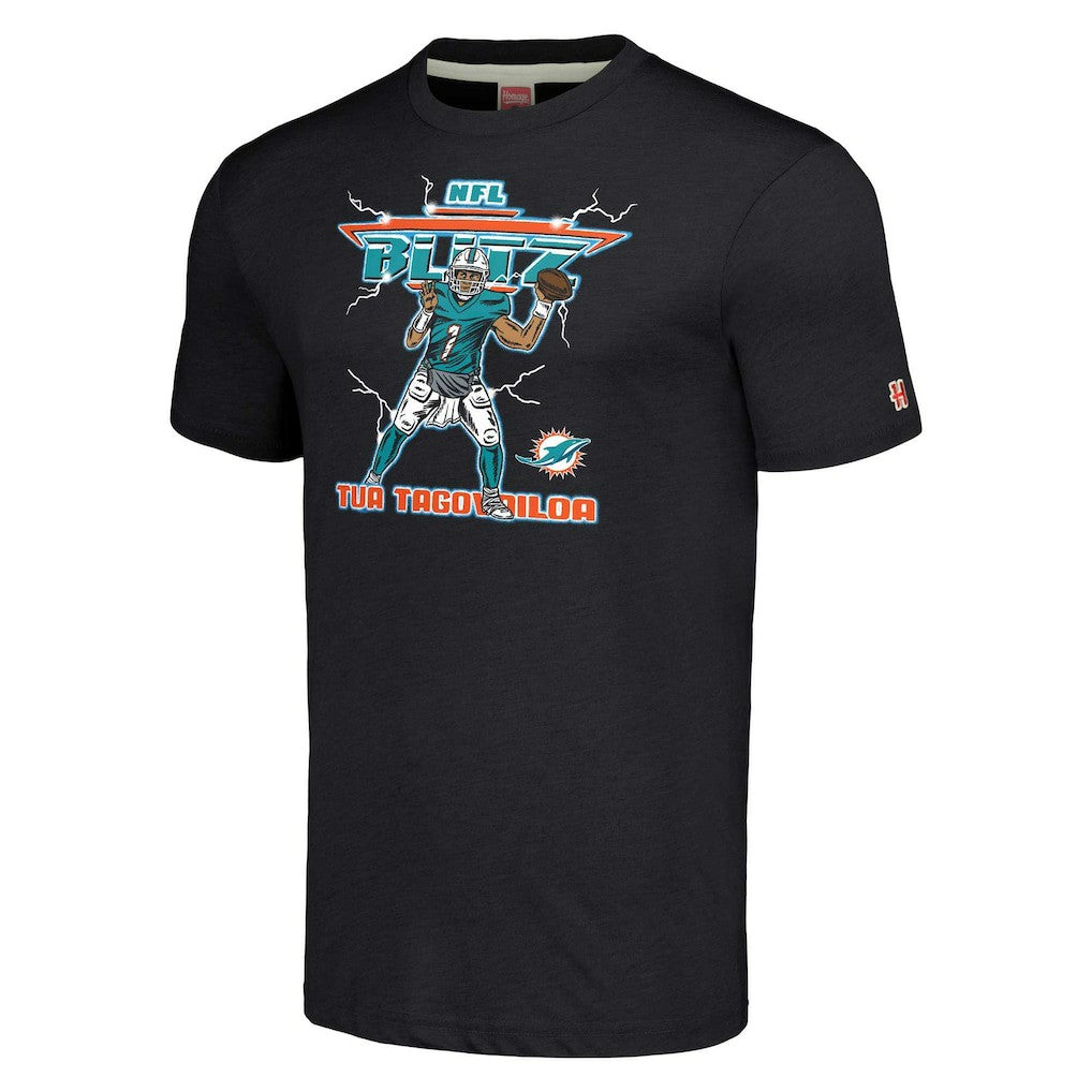 Tua Tagovailoa Miami Dolphins Homage Unisex NFL Blitz Player Tri-Blend T-Shirt Heathered Heather Black