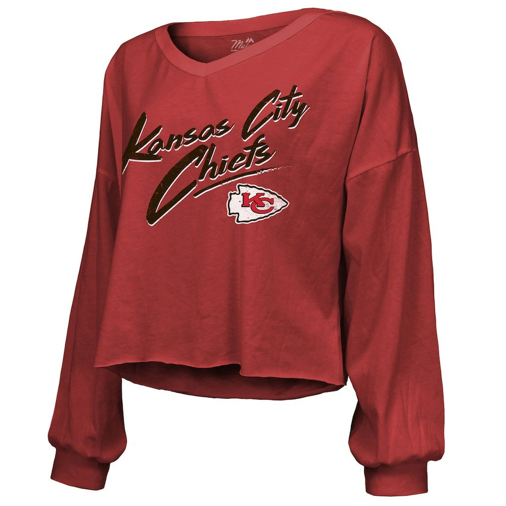 Travis Kelce Kansas City Chiefs Majestic Threads Women's Name & Number Off-Shoulder Script Cropped Long Sleeve V-Neck T-Shirt Red