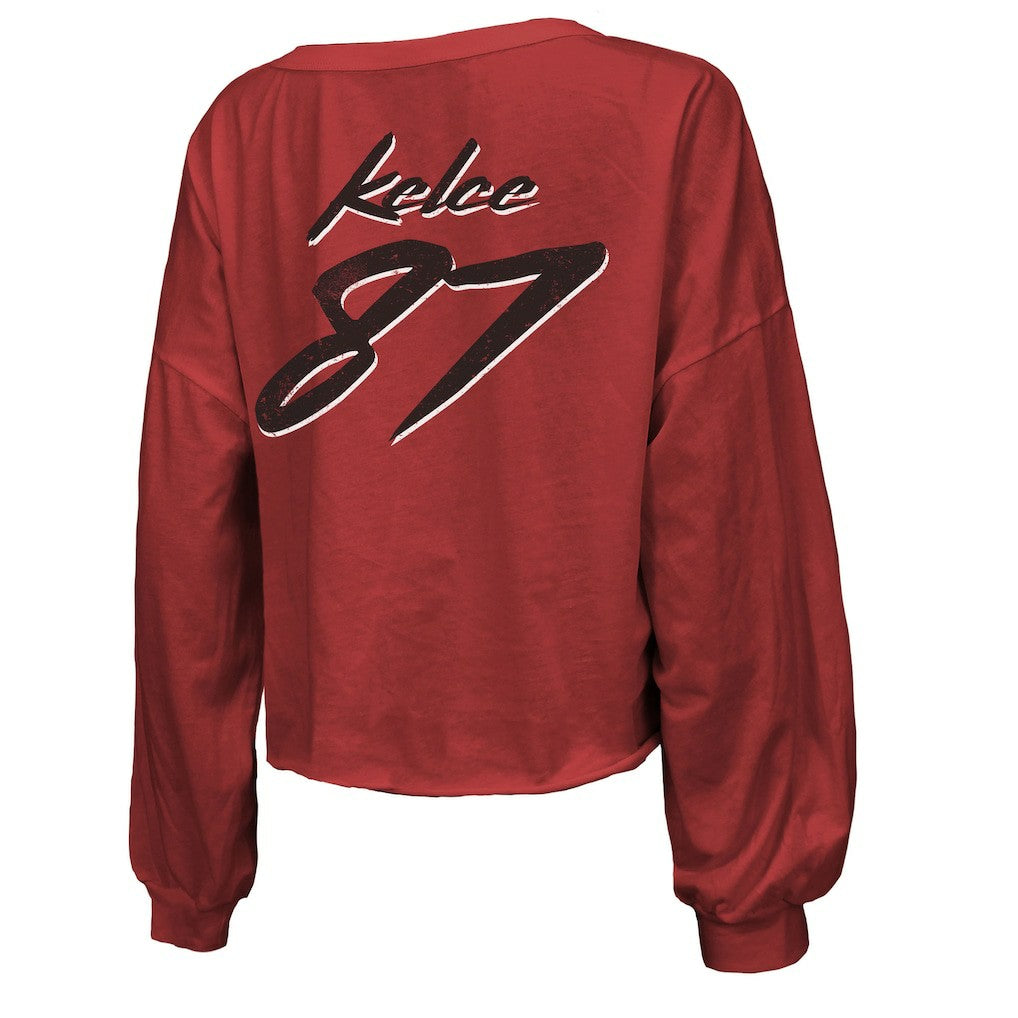 Travis Kelce Kansas City Chiefs Majestic Threads Women's Name & Number Off-Shoulder Script Cropped Long Sleeve V-Neck T-Shirt Red