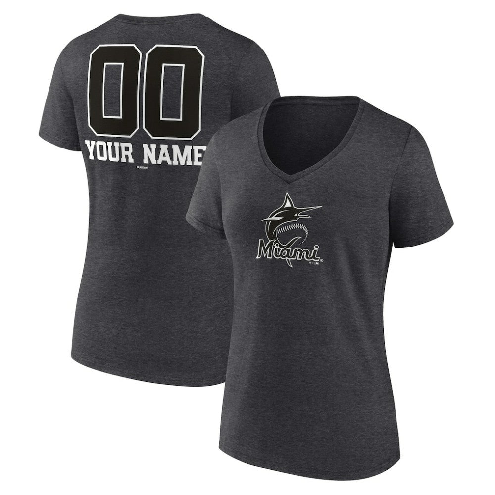 Miami Marlins Women's Personalized Monochrome Name & Number V-Neck T-Shirt - Charcoal - MLB Discount