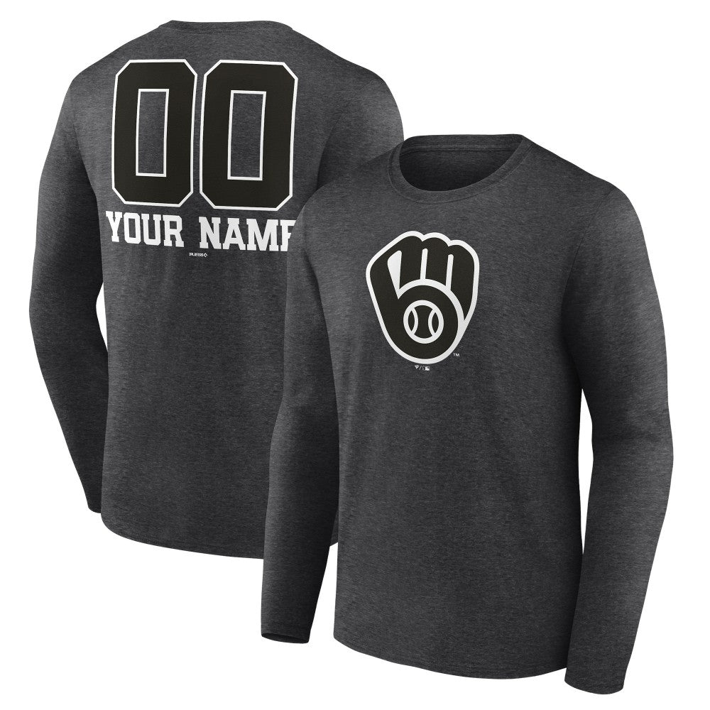 Milwaukee Brewers Personalized Monochrome Name & Number Long Sleeve T-Shirt - Charcoal - MLB Sale