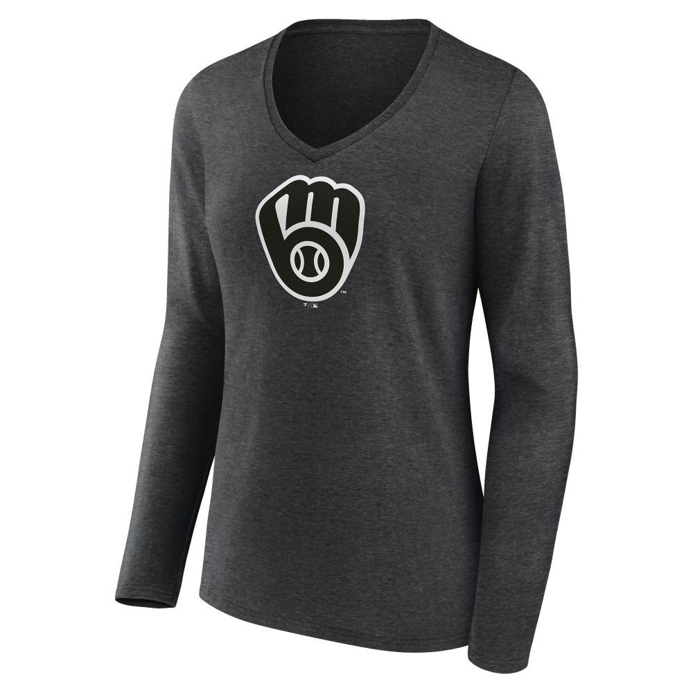 Milwaukee Brewers Women's Personalized Monochrome Name & Number Long Sleeve V-Neck T-Shirt - Charcoal - MLB on Sale