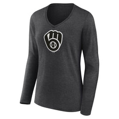 Milwaukee Brewers Women's Personalized Monochrome Name & Number Long Sleeve V-Neck T-Shirt - Charcoal - MLB on Sale