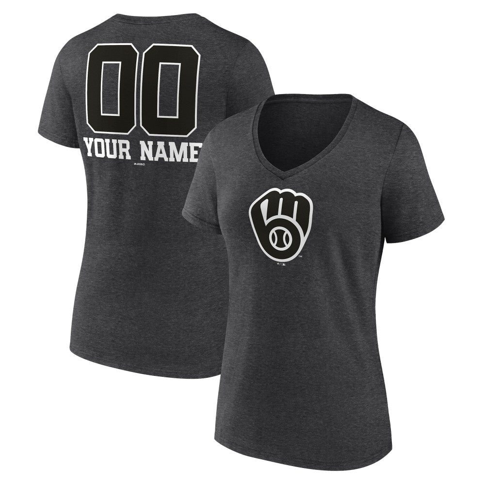 Milwaukee Brewers Women's Personalized Monochrome Name & Number V-Neck T-Shirt - Charcoal - MLB on Sale