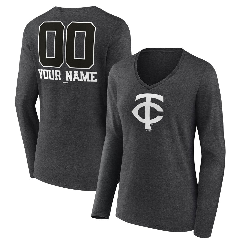 Minnesota Twins Women's Personalized Monochrome Name & Number Long Sleeve V-Neck T-Shirt - Charcoal - MLB Lifestyle