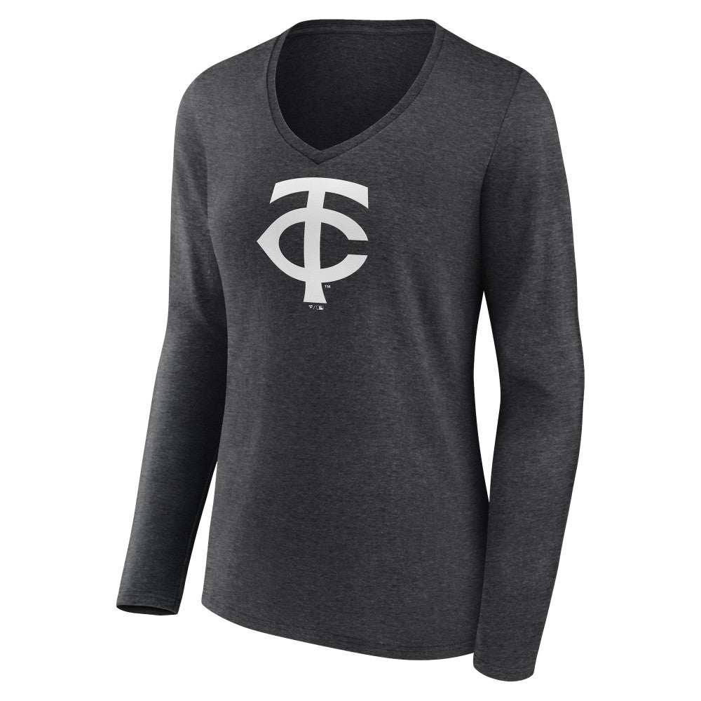 Minnesota Twins Women's Personalized Monochrome Name & Number Long Sleeve V-Neck T-Shirt - Charcoal - MLB Lifestyle