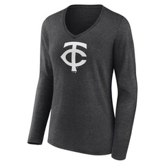 Minnesota Twins Women's Personalized Monochrome Name & Number Long Sleeve V-Neck T-Shirt - Charcoal - MLB Lifestyle