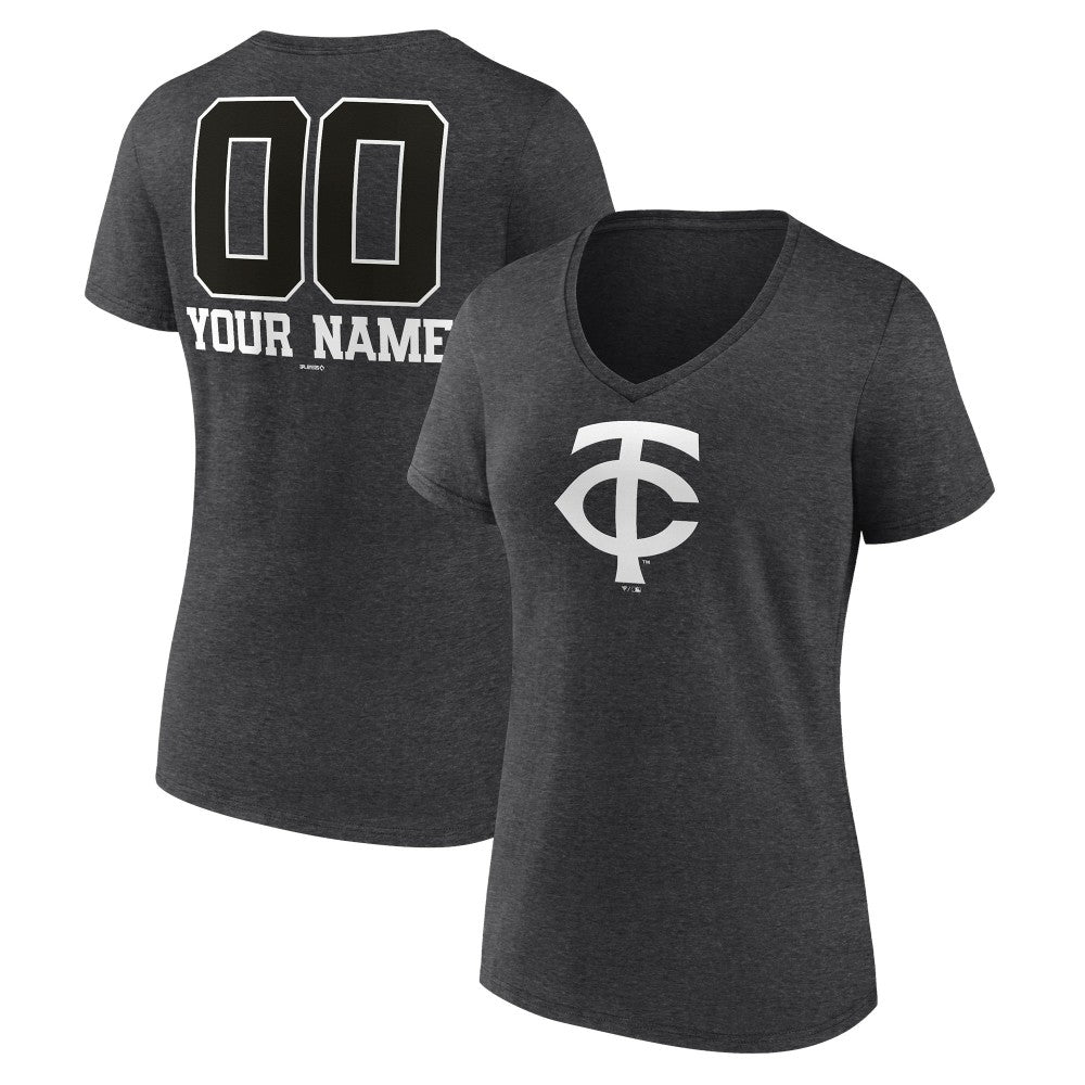 Minnesota Twins Women's Personalized Monochrome Name & Number V-Neck T-Shirt - Charcoal - MLB Sale