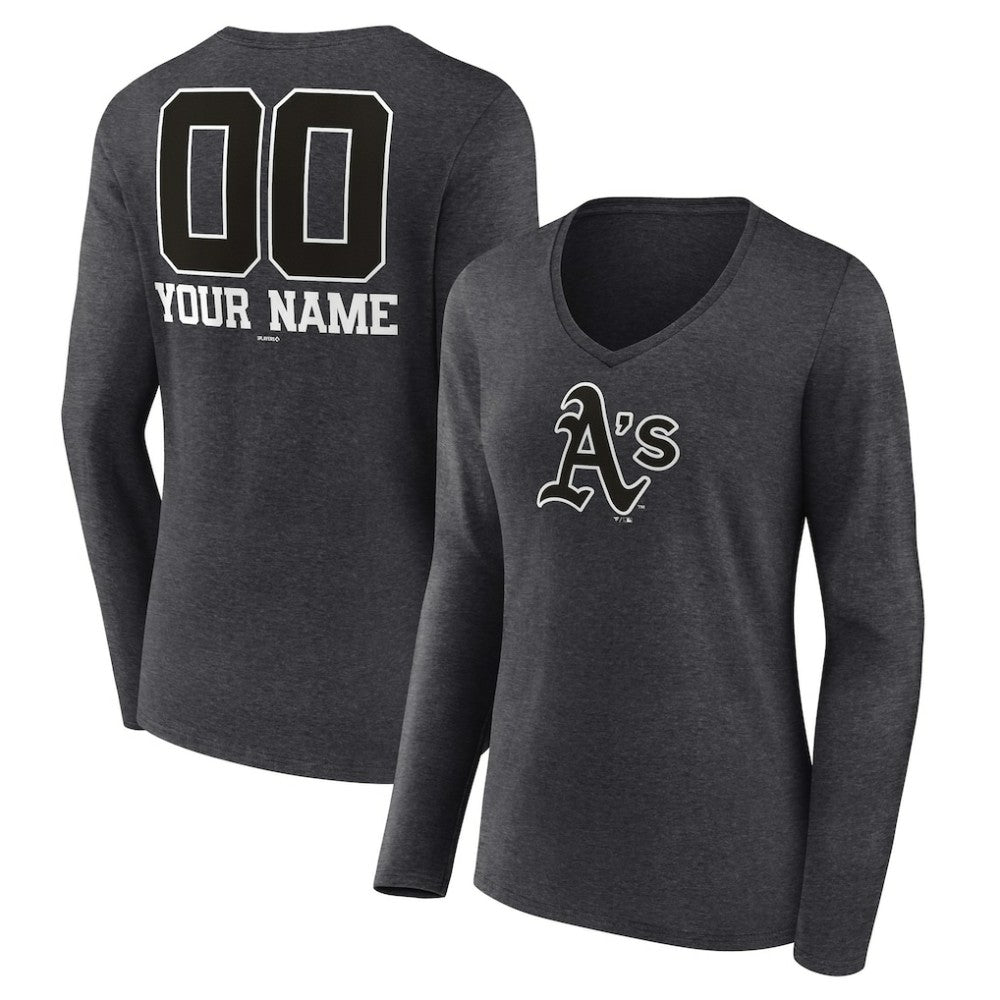 Athletics Women's Personalized Monochrome Name & Number Long Sleeve V-Neck T-Shirt - Charcoal - MLB Online
