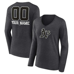 Athletics Women's Personalized Monochrome Name & Number Long Sleeve V-Neck T-Shirt - Charcoal - MLB Online